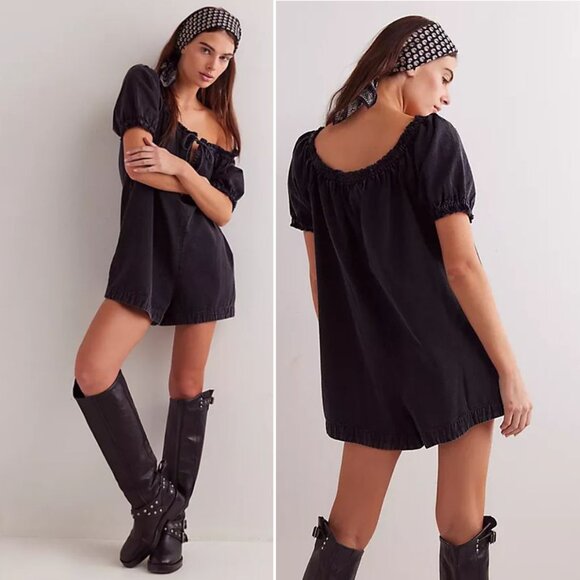 Free People WE THE FREE Daisy Babydoll ROMPER Size M Black Denim Pockets NEW - Picture 3 of 10